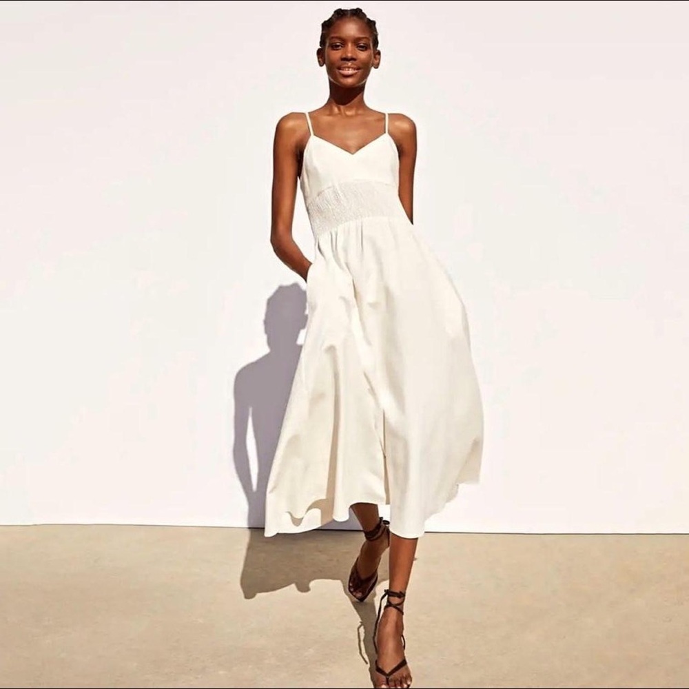 Zara Elegant White / Cream Linen Blend Midi Dress Size S - Picture 1 of 8